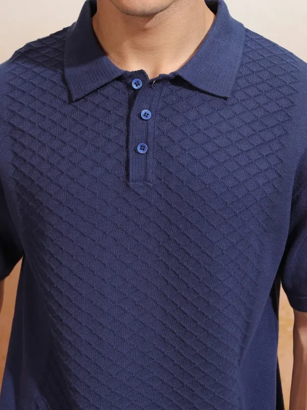 Highlander Men Navy Blue Self Design Polo Collar T-Shirt