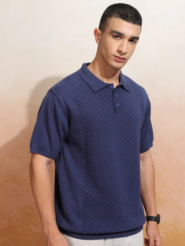Highlander Men Navy Blue Self Design Polo Collar T-Shirt
