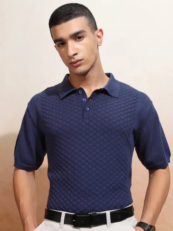Highlander Men Navy Blue Self Design Polo Collar T-Shirt