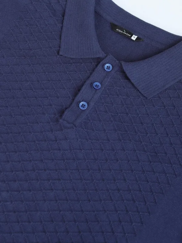 Highlander Men Navy Blue Self Design Polo Collar T-Shirt