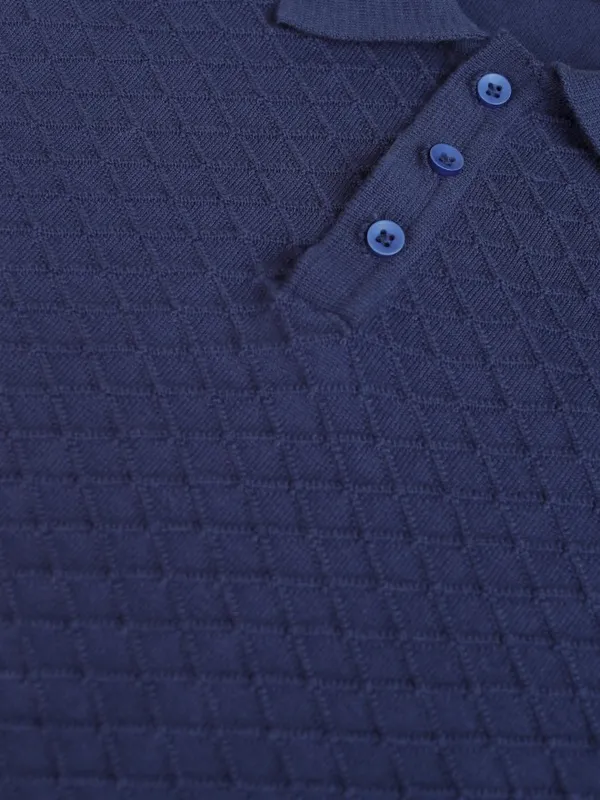 Highlander Men Navy Blue Self Design Polo Collar T-Shirt
