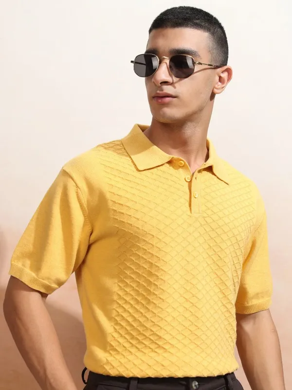 Highlander Men Yellow Solid Polo Collar T-Shirt