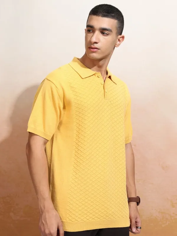 Highlander Men Yellow Solid Polo Collar T-Shirt