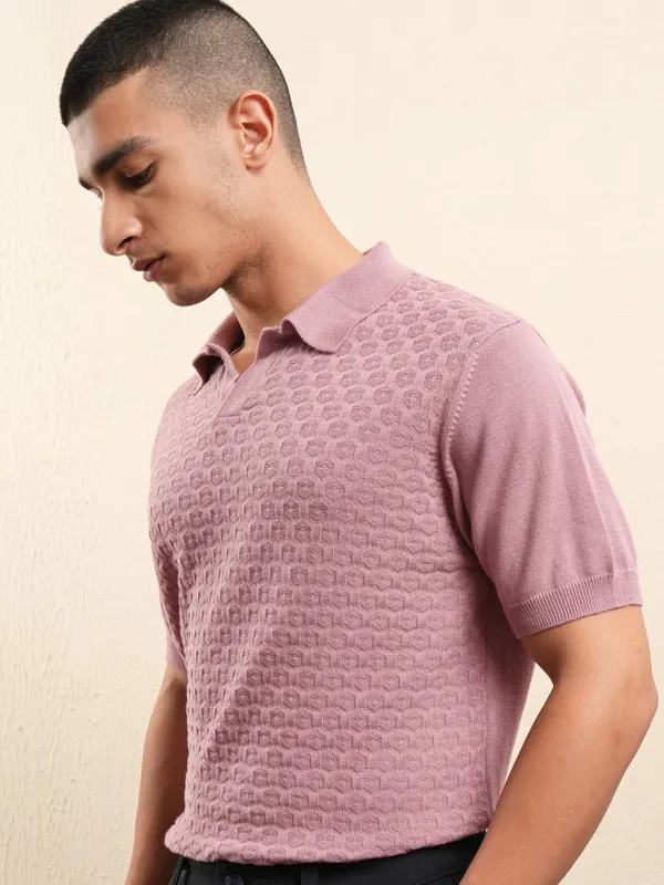 Highlander Men Pink Self Design Polo Collar T-Shirt