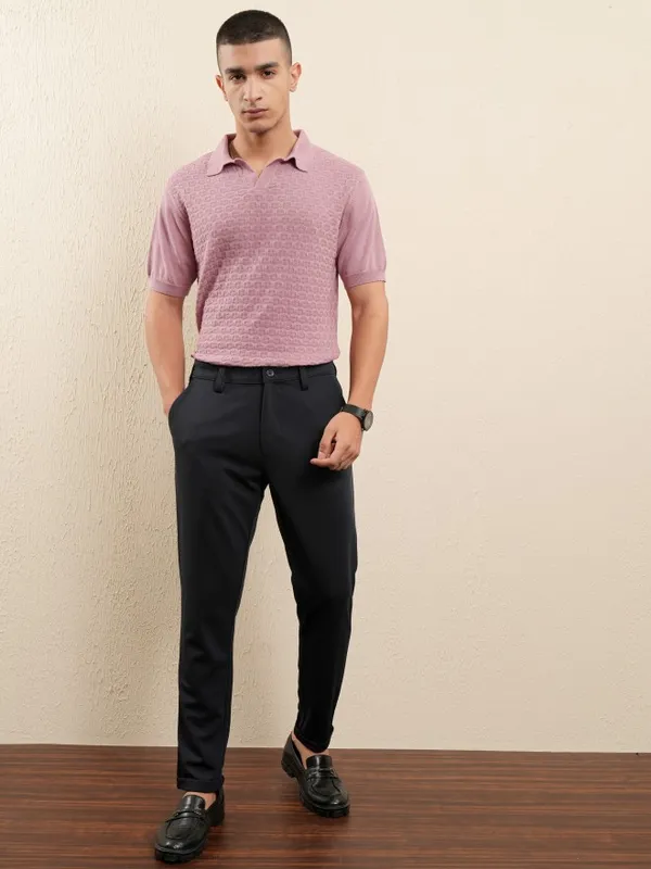 Highlander Men Pink Self Design Polo Collar T-Shirt
