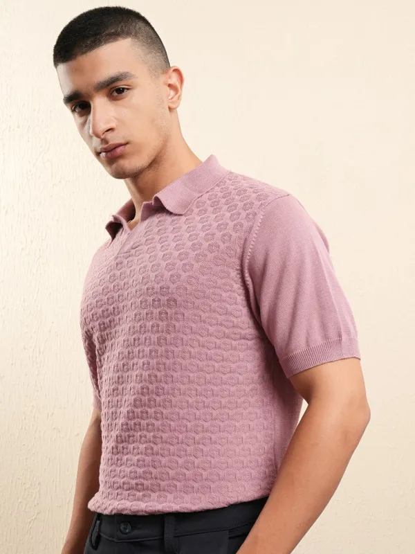 Highlander Men Pink Self Design Polo Collar T-Shirt