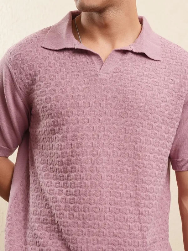 Highlander Men Pink Self Design Polo Collar T-Shirt