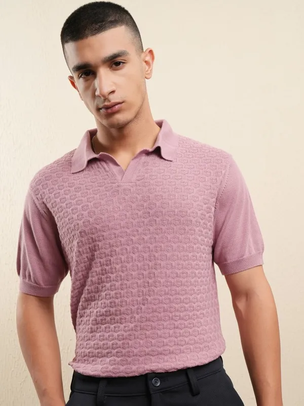 Highlander Men Pink Self Design Polo Collar T-Shirt