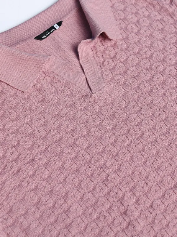 Highlander Men Pink Self Design Polo Collar T-Shirt