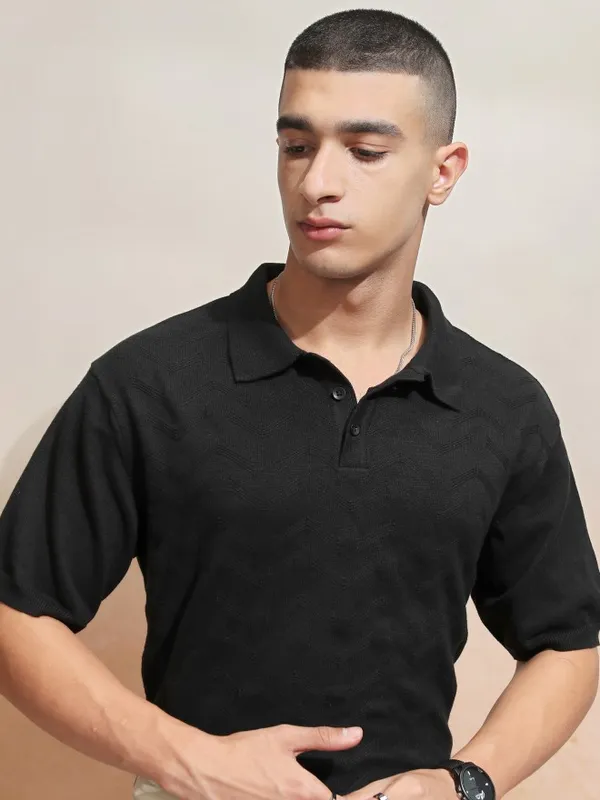 Highlander Men Black Printed Polo Collar T-Shirt