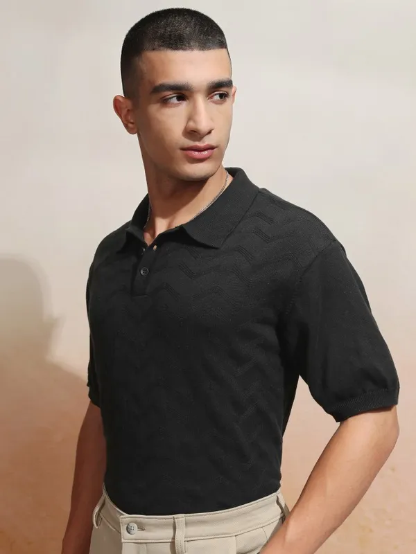 Highlander Men Black Printed Polo Collar T-Shirt