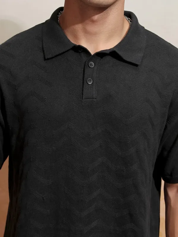 Highlander Men Black Printed Polo Collar T-Shirt