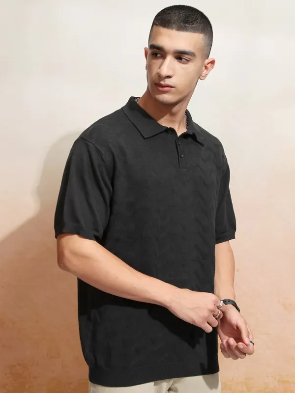 Highlander Men Black Printed Polo Collar T-Shirt
