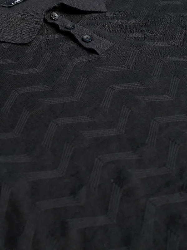 Highlander Men Black Printed Polo Collar T-Shirt