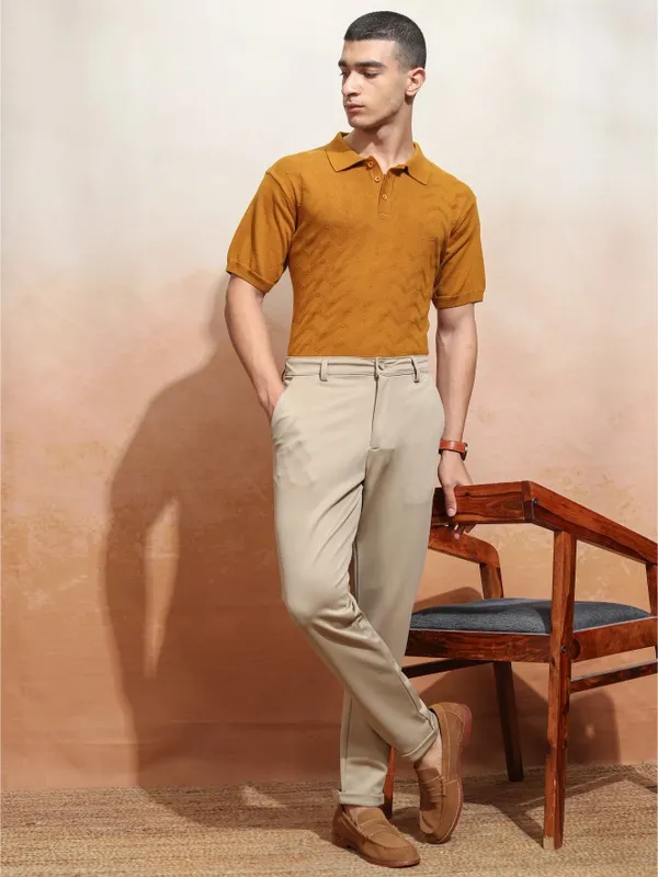 Highlander Men Mustard Self Design Polo Collar T-Shirt