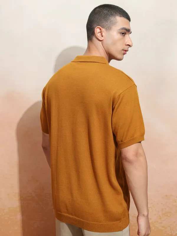 Highlander Men Mustard Self Design Polo Collar T-Shirt