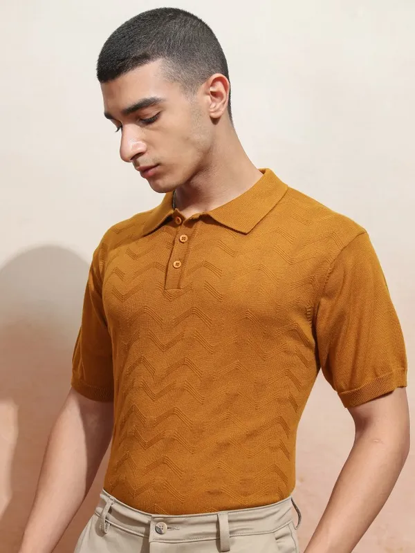 Highlander Men Mustard Self Design Polo Collar T-Shirt