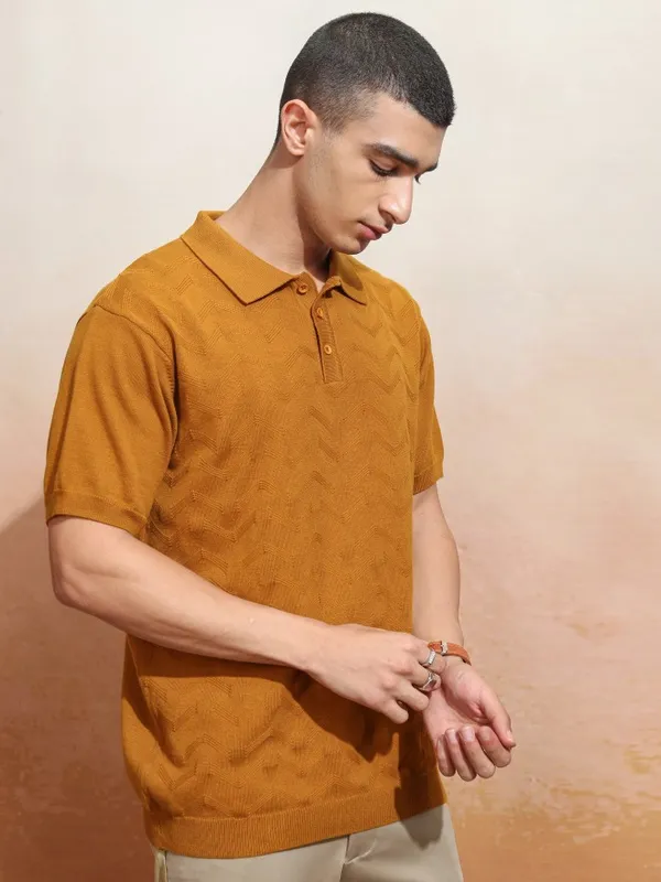Highlander Men Mustard Self Design Polo Collar T-Shirt