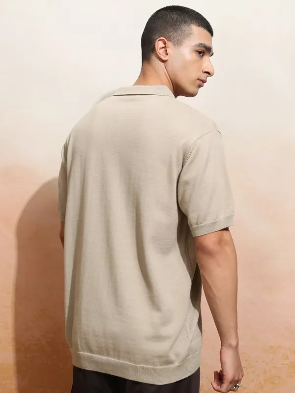 Highlander Men Beige Self Design Polo Collar T-Shirt