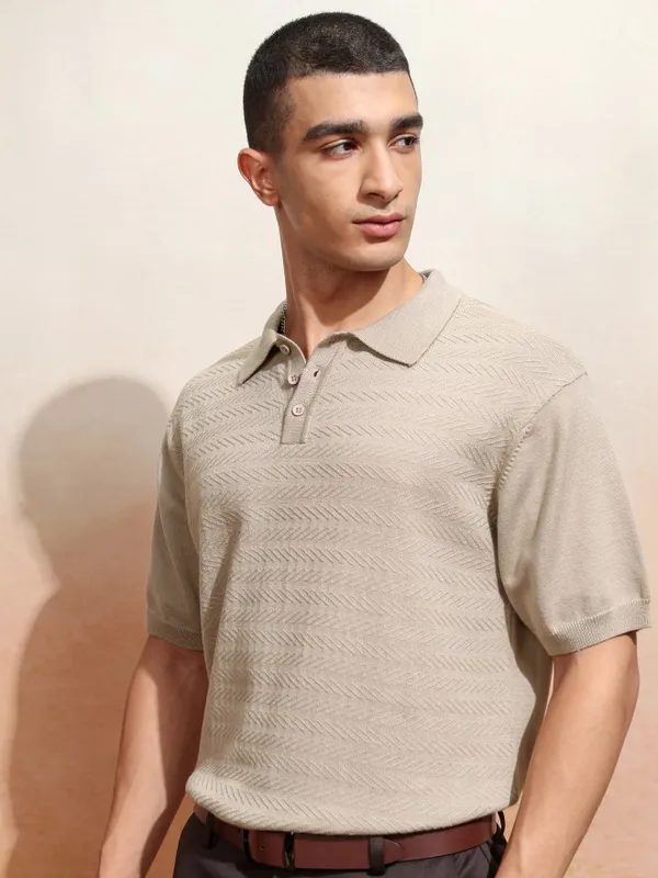 Highlander Men Beige Self Design Polo Collar T-Shirt