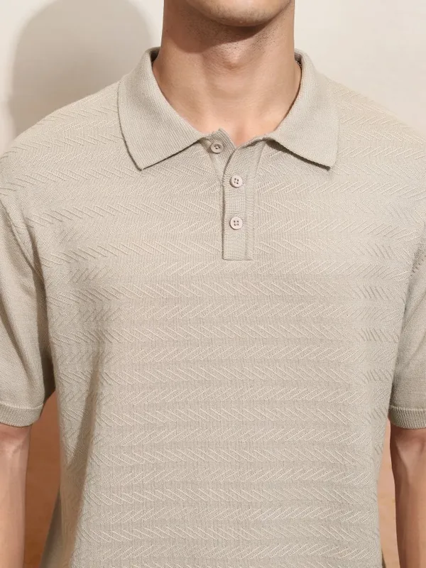 Highlander Men Beige Self Design Polo Collar T-Shirt