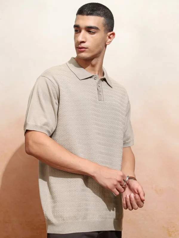 Highlander Men Beige Self Design Polo Collar T-Shirt
