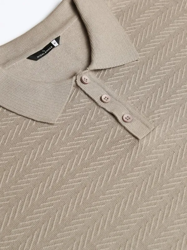 Highlander Men Beige Self Design Polo Collar T-Shirt