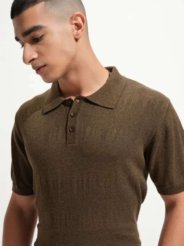 Highlander Men Brown Self Design Polo Collar T-Shirt