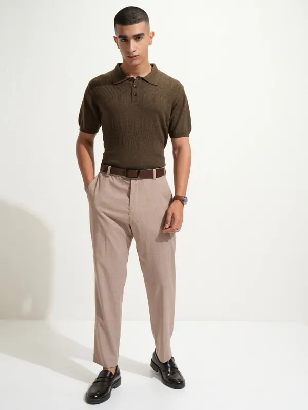 Highlander Men Brown Self Design Polo Collar T-Shirt