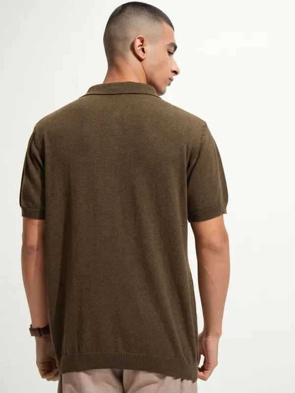 Highlander Men Brown Self Design Polo Collar T-Shirt