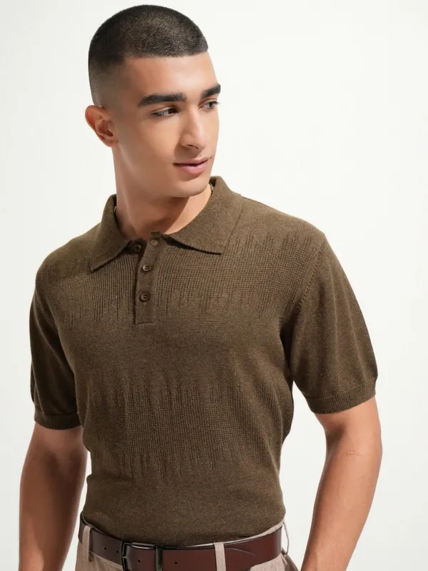 Highlander Men Brown Self Design Polo Collar T-Shirt