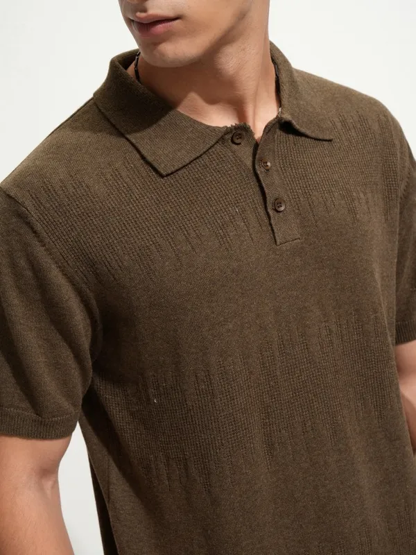 Highlander Men Brown Self Design Polo Collar T-Shirt