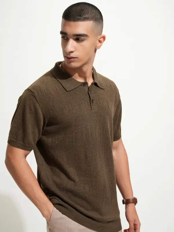 Highlander Men Brown Self Design Polo Collar T-Shirt