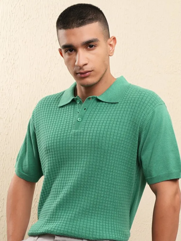 Highlander Men Green Self Design Polo Collar T-Shirt