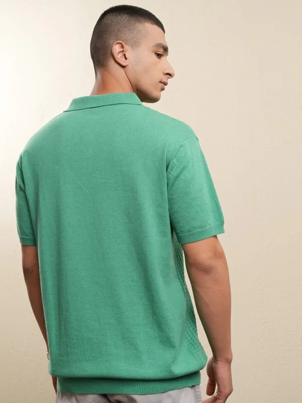 Highlander Men Green Self Design Polo Collar T-Shirt