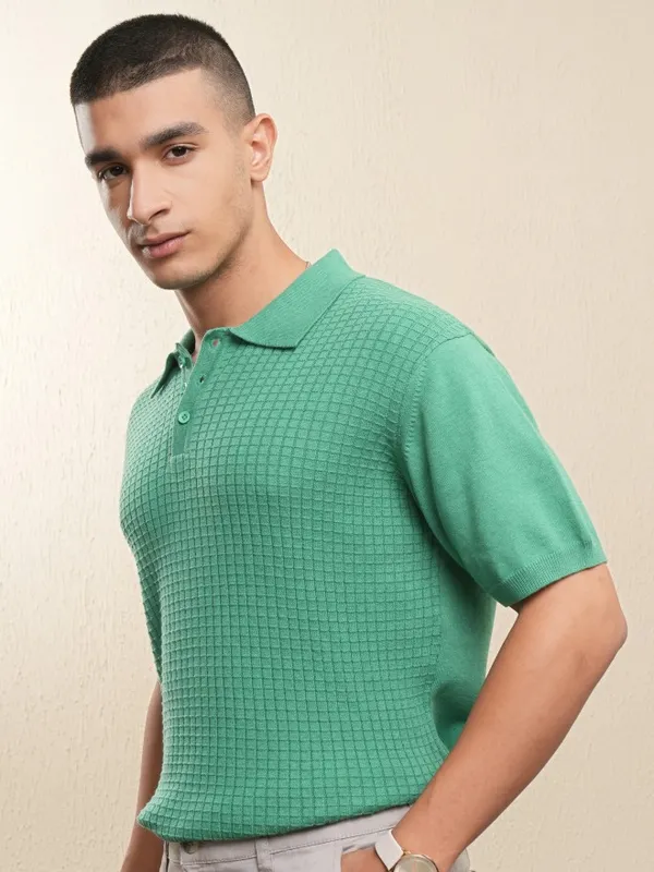 Highlander Men Green Self Design Polo Collar T-Shirt