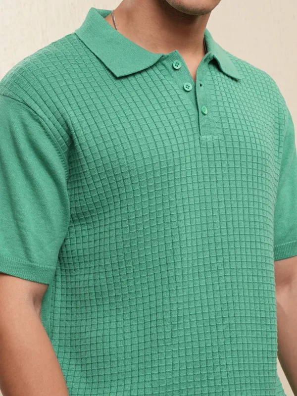 Highlander Men Green Self Design Polo Collar T-Shirt