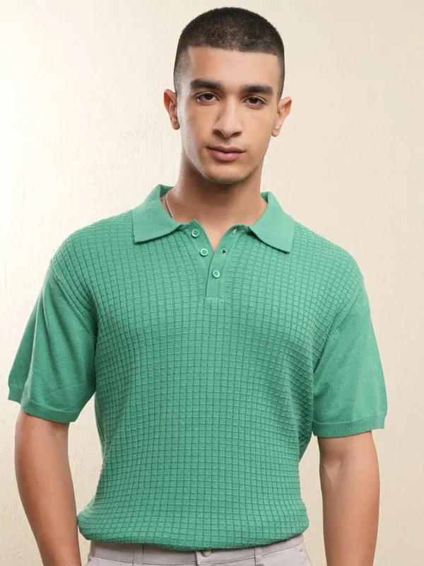 Highlander Men Green Self Design Polo Collar T-Shirt