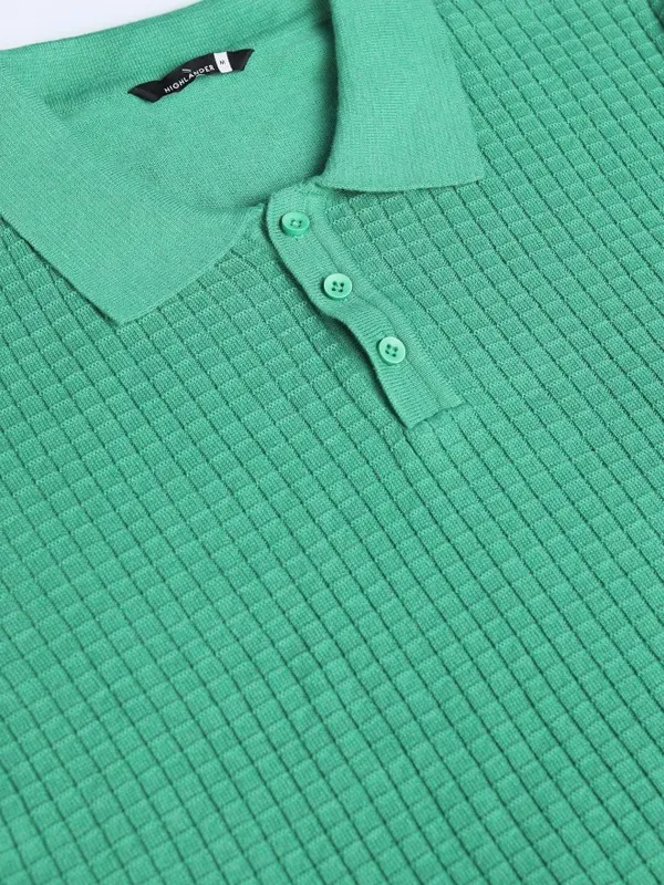 Highlander Men Green Self Design Polo Collar T-Shirt