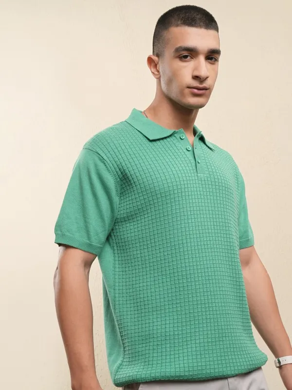 Highlander Men Green Self Design Polo Collar T-Shirt