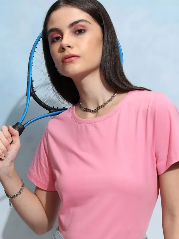 Tokyo Talkies Women Pink Solid Round Neck T-Shirt