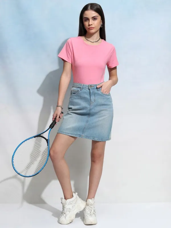 Tokyo Talkies Women Pink Solid Round Neck T-Shirt