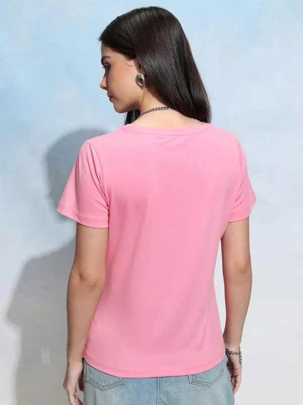 Tokyo Talkies Women Pink Solid Round Neck T-Shirt