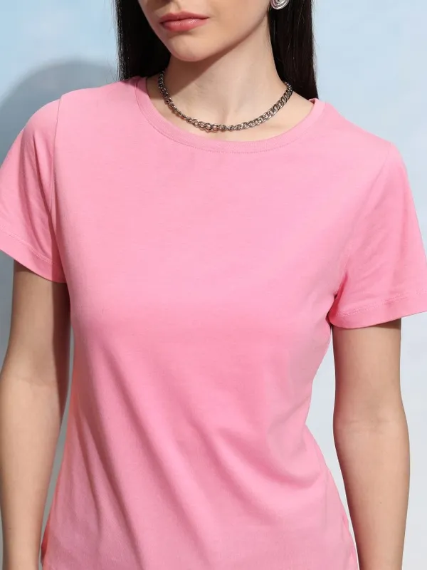 Tokyo Talkies Women Pink Solid Round Neck T-Shirt