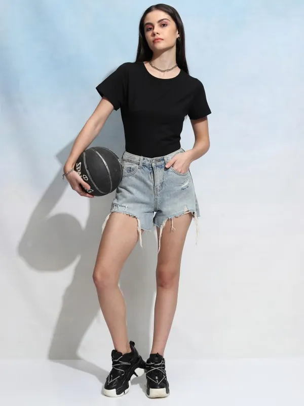 Tokyo Talkies Women Black Solid Round Neck T-Shirt