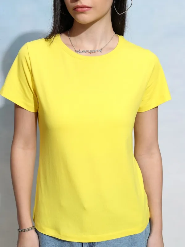 Tokyo Talkies Women Yellow Solid Round Neck T-Shirt