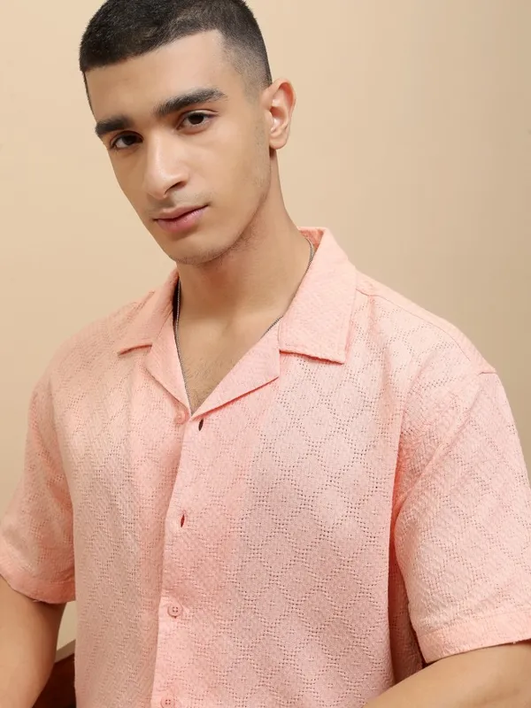 Highlander Men Peach Textured Relaxed Fit Casual Shirt