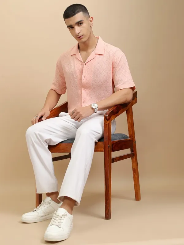 Highlander Men Peach Textured Relaxed Fit Casual Shirt