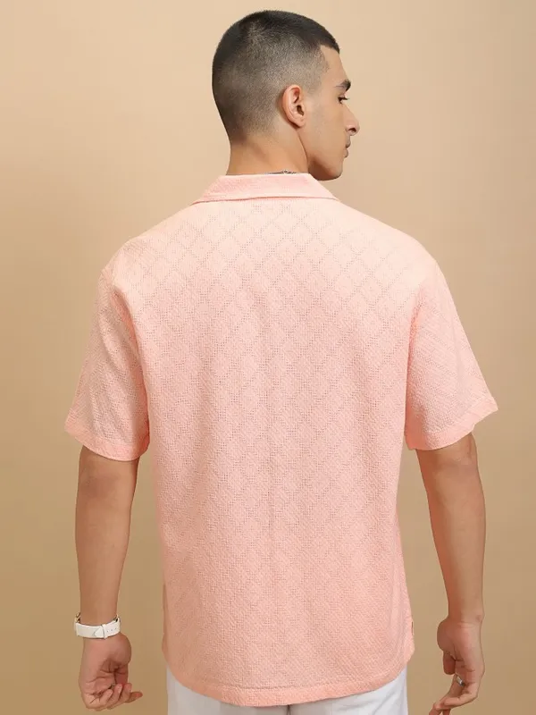Highlander Men Peach Textured Relaxed Fit Casual Shirt