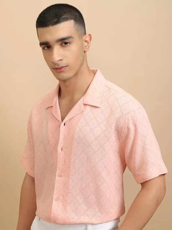 Highlander Men Peach Textured Relaxed Fit Casual Shirt